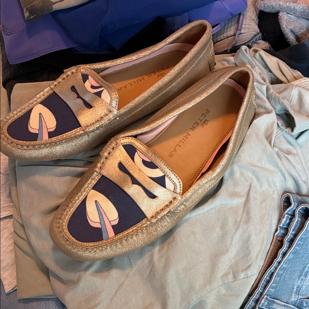 Peter Millar Metallic Gold Leather Loafers with Navy and Pink Inset